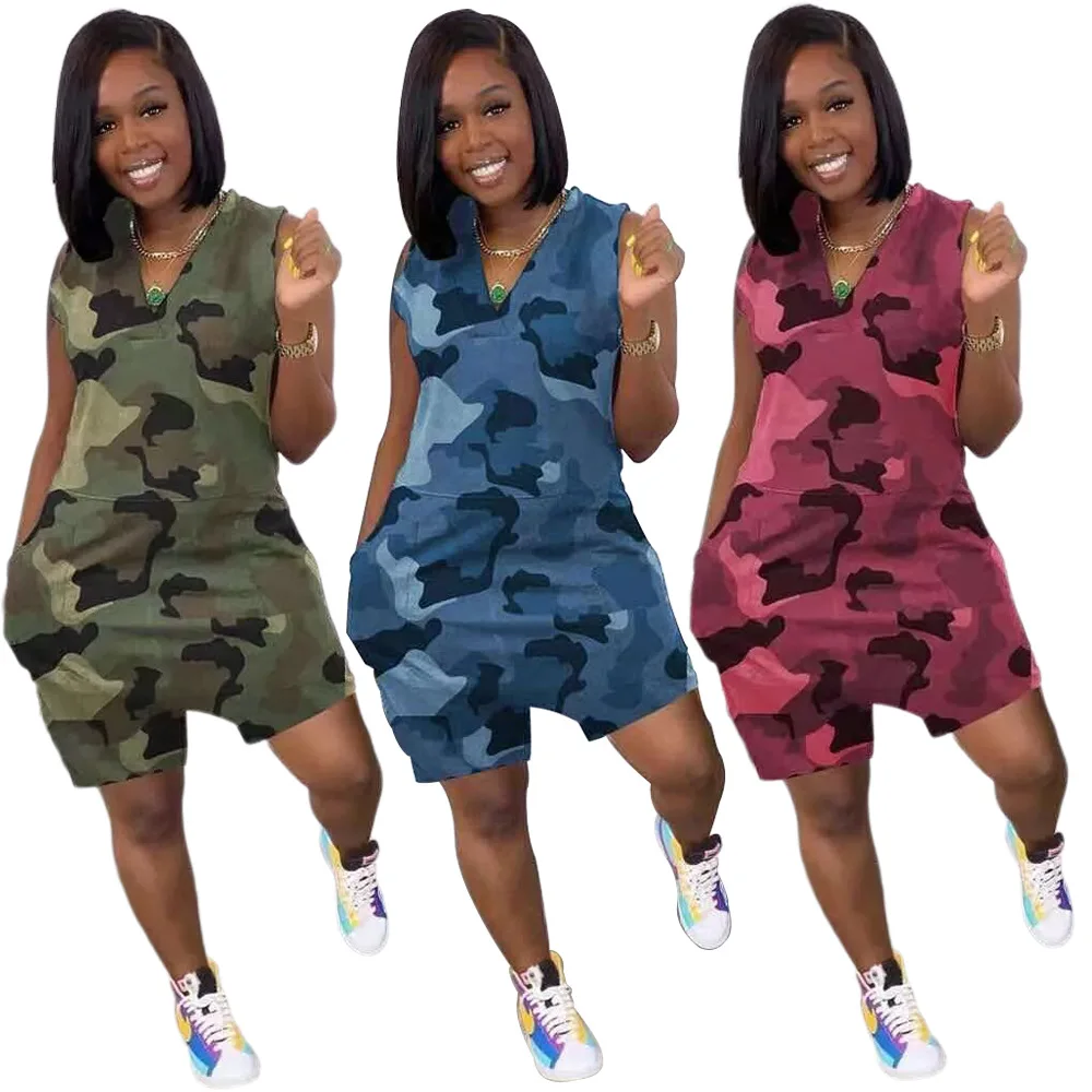 

10510-MX88 v neck sleeveless camouflage print short jumpsuits women 2021 sehe fashion