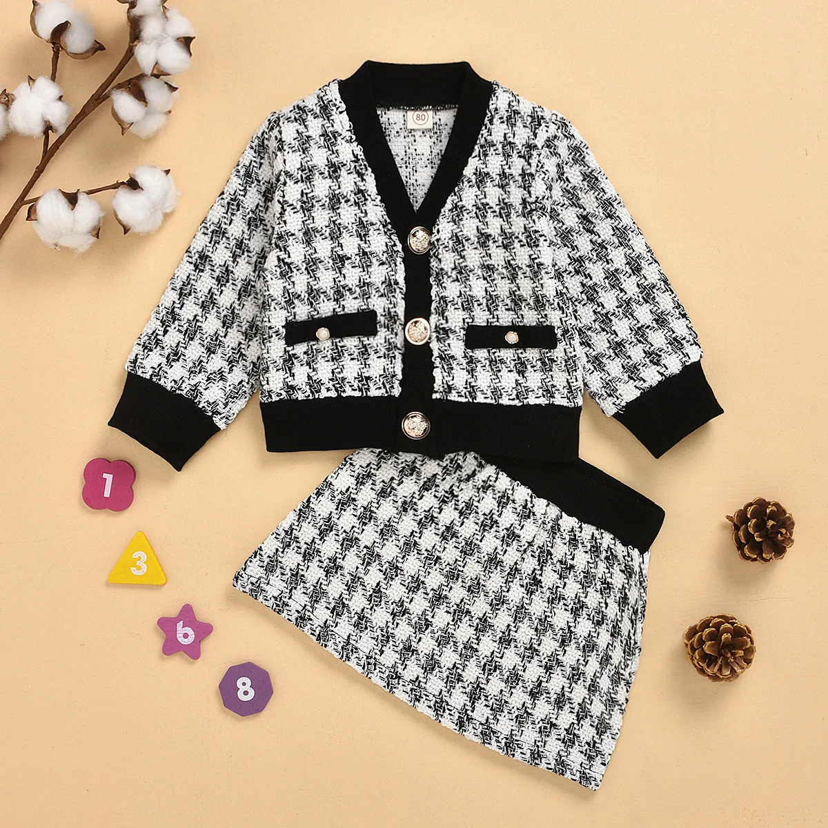 

Vintage Children Fall Winter Clothes Tweed Plaid Blazer Tops Skirts Outfits Baby Girls Party Clothing Set, Photo showed and customized color