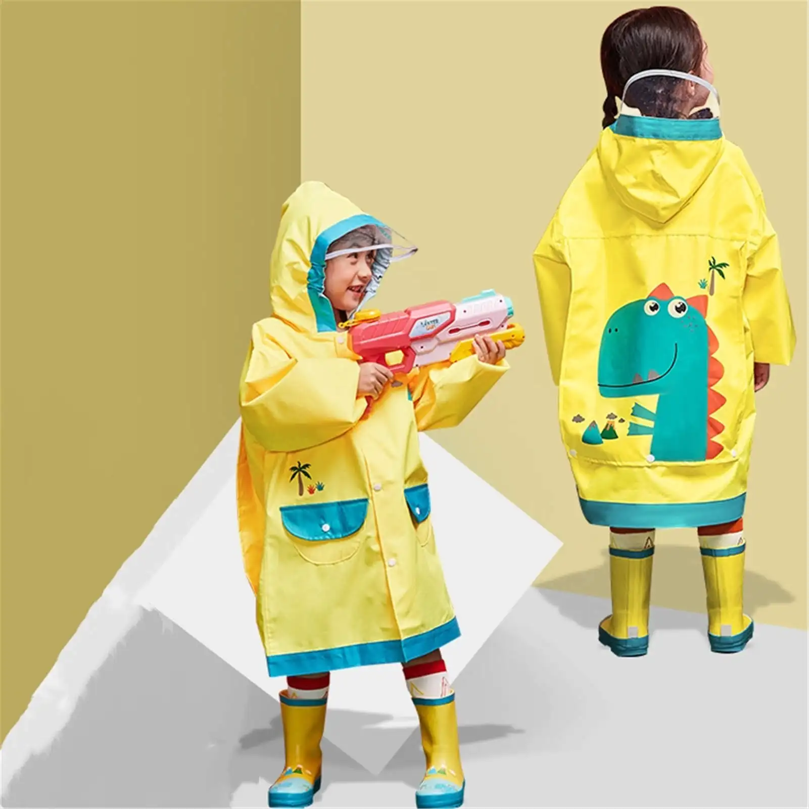 

Oxford Yellow Cartoon Cute Dinosaur Pattern Children'S Rain Coat Reusable Kids Rainsuit, Customized color