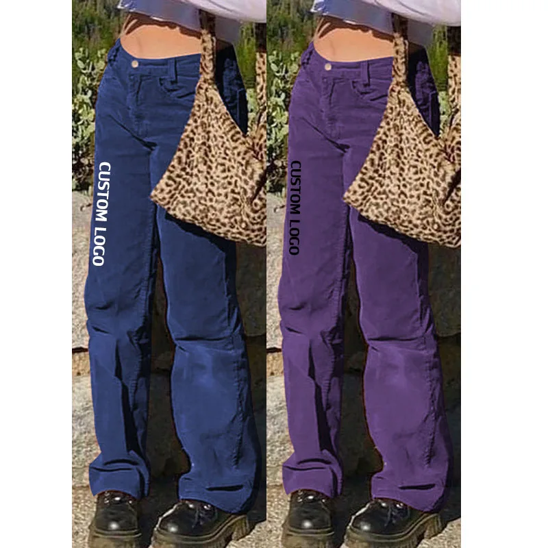 

Free Shipping Fashion Women Streetwear Cargo Corduroy Long Trousers Loose Ladies High Waist Baggy Wide Leg Pants With Pockets, Customized color