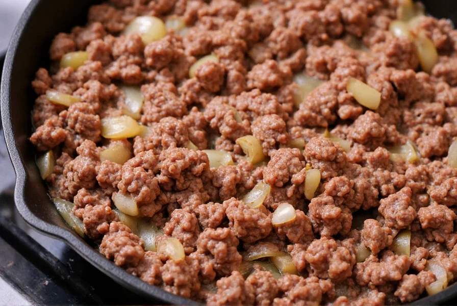 Close-up of ground beef browning in cast iron skillet with onions and garlic