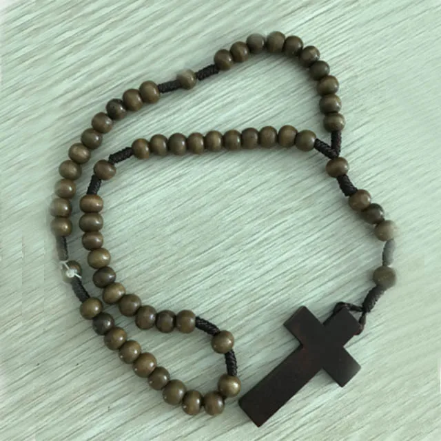 

Handmade Rope String Catholic Rosary Chain Wood Beads Cross Necklace, Picture