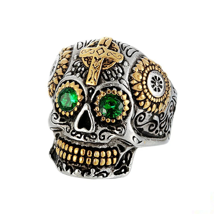 

Guangzhou Yunshang Stainless Steel Tibetan Emerald Green Eyes Punk Mens Skull Ring