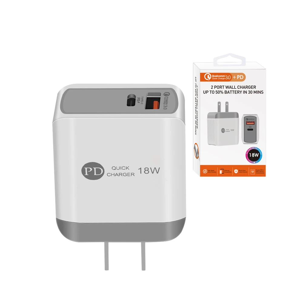 

Dual Port Quick PD Charger QC 3.0 Fast Charging Power Adapter 18W Type C Port PD Charger For iPhone, White