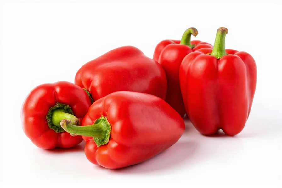 Ripe red Peter peppers displayed on white background showing distinctive shape and color