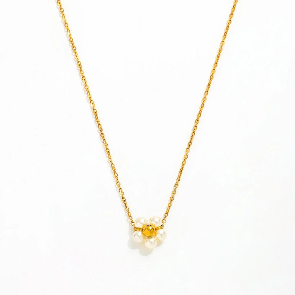 Joolim Jewelry 18K Gold Plated Glass Pearl Daisy Flower Pendant Necklace Trendy Geometric Stainless Steel with Link Chain