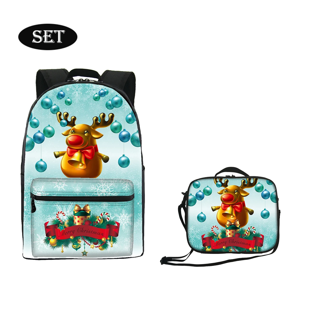 

Christmas Printed school bag and lunch bag set wholesale school lunch bag+waterproof lightweight outdoor backpack, Customized