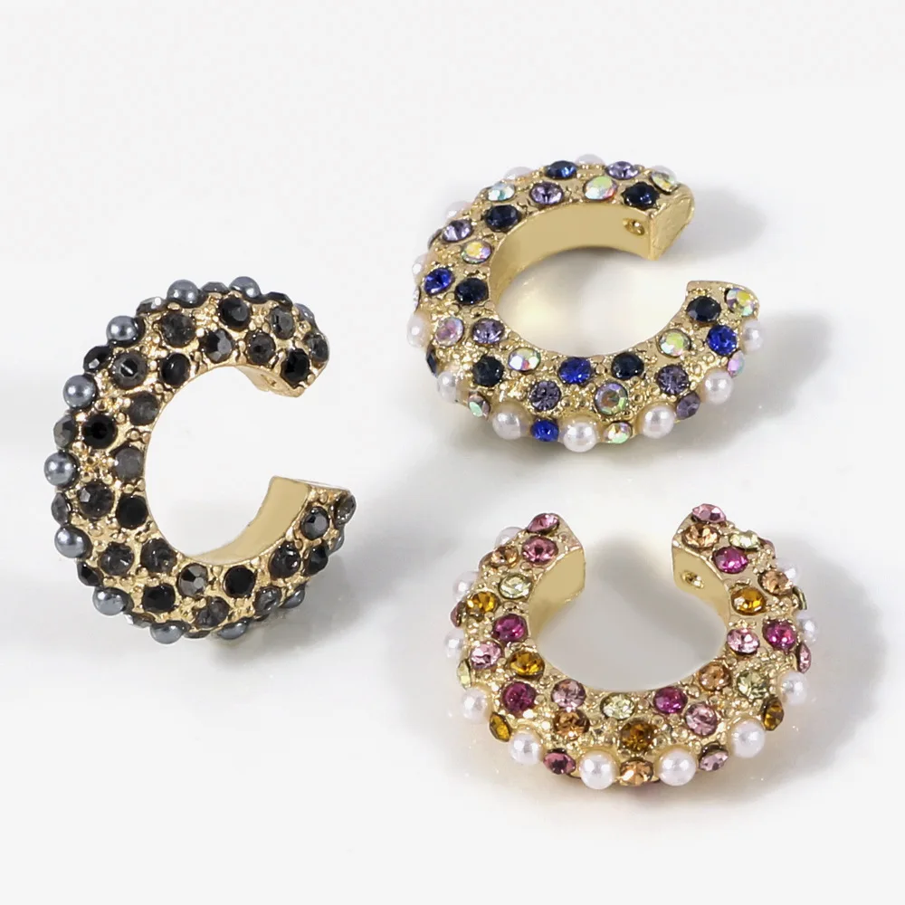 

Explosive alloy pearl rhinestone earrings without pierced ear clips popular earrings metal geometric jewelry wholesal for women, Colorful