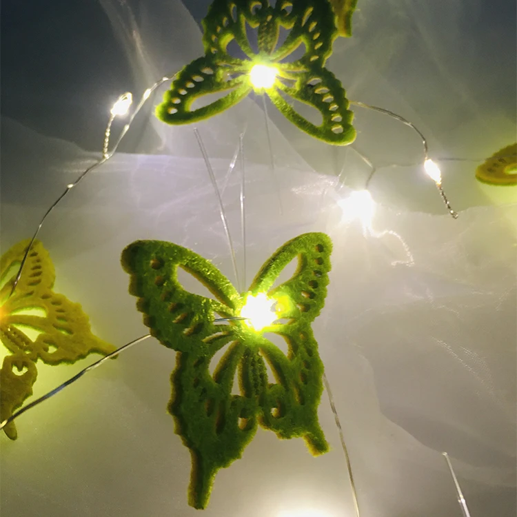 White Easter Decorative String Light Non-woven Green And Yellow Butterflies Led Light Strip