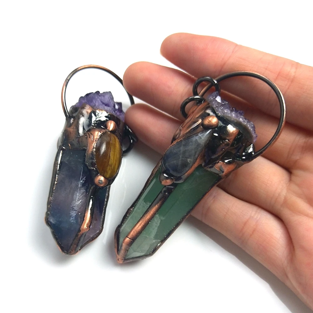 

Wholesale Amethyst Crystal Bronze Soldered Raw Pendants Pointed Green Fluorite Gemstone Charms For jewelry Necklace New Design, Purple, green etc.