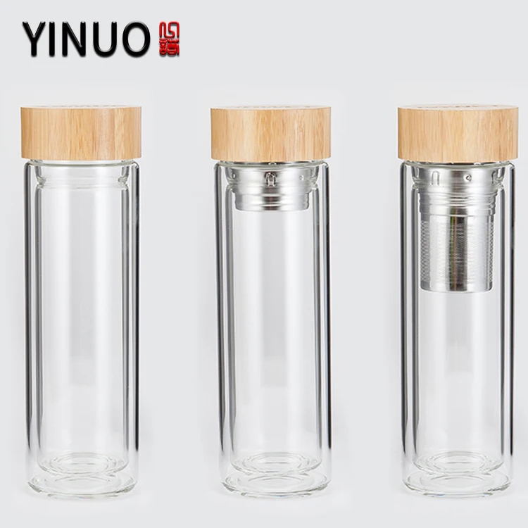Custom Borosil Glass Fruit Tea Water Bottle With Tea Infuser And Wood