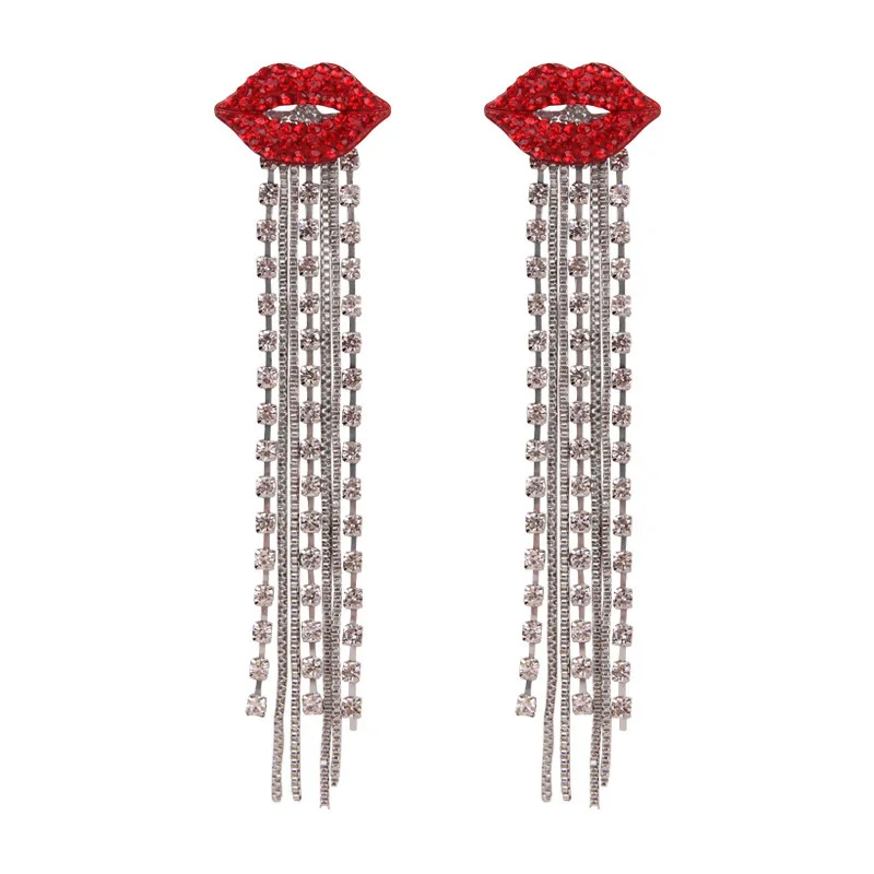 

High quality gold plated detachable sexy red lip earrings jewelry exaggerated long rhinestone lip shaped earrings for women, Gold plating