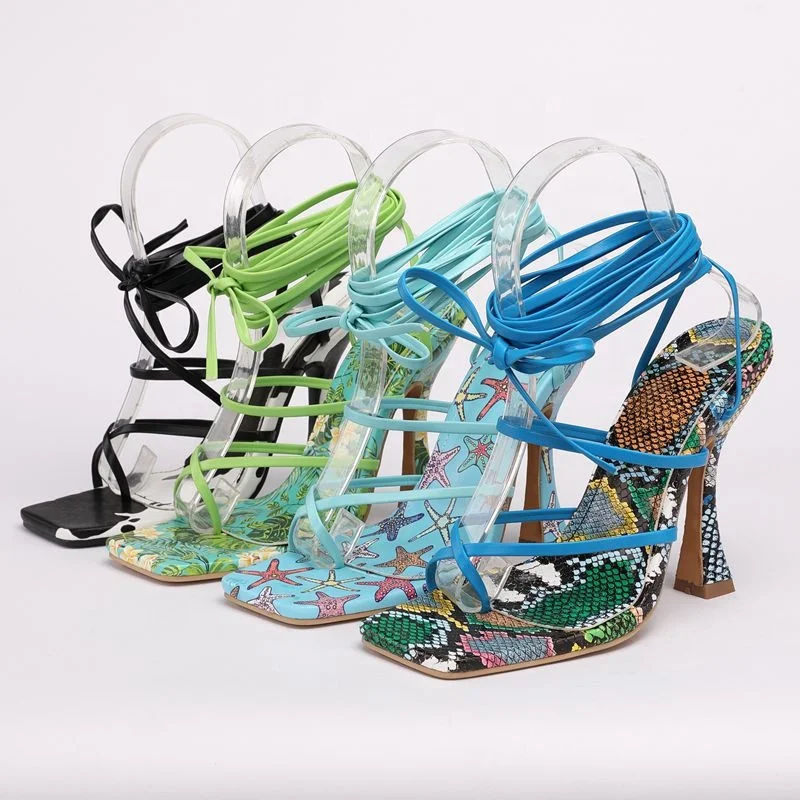

The best quality summer sandals High-end High Heel Shoes Cow Print Square Toe Sexy Sandals, Green / light blue / cow / snakeskin green