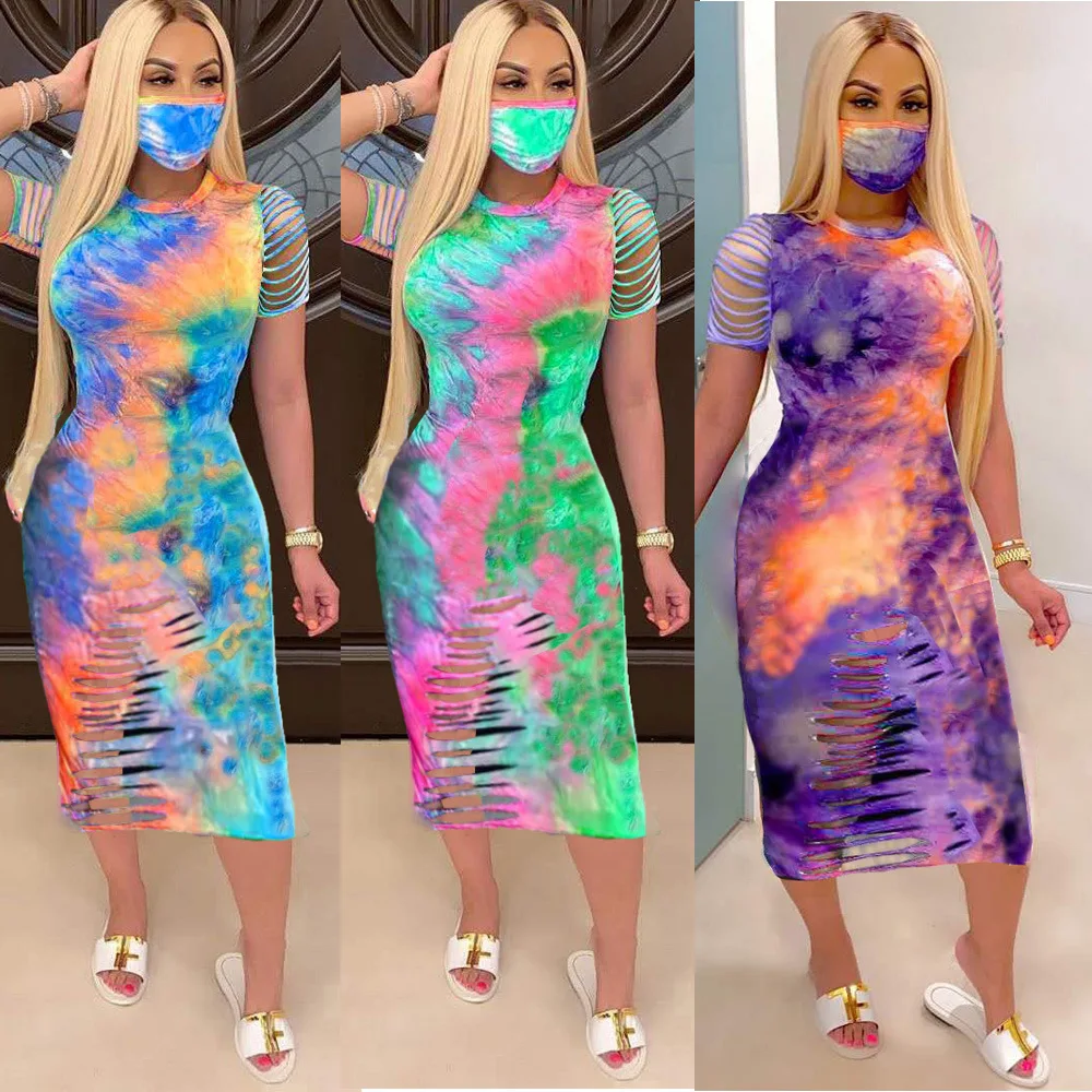 

Women Short Sleeve Printed Flora Tie dye Midi Dress 2020 Summer Hollow Dress Bodycon Sexy t shirt dress Pink, Red gray orange green roseo pink black
