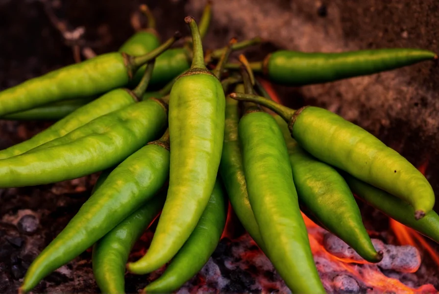 Fresh Hatch green chilies roasting over open flame