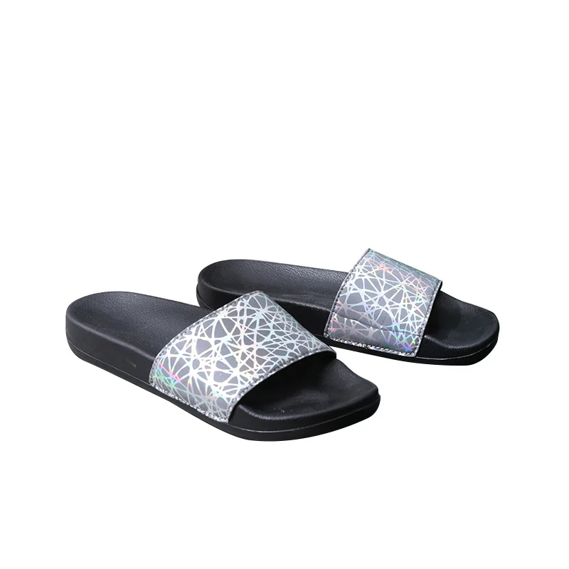 

Indoor household fashionable summer couples wear reflective female household indoor non-slip bathroom slippers, Silver,black