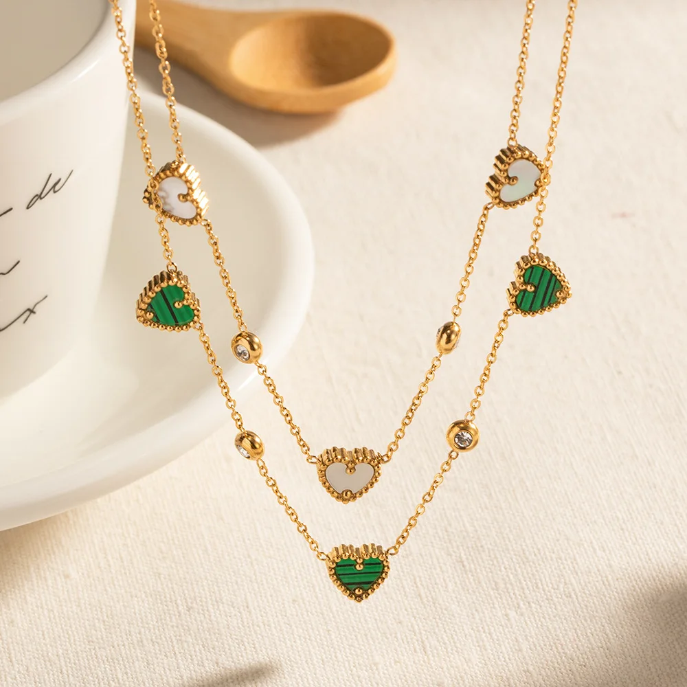 

Simple Fashion Vintage 18K Gold Plated Zirconia Stainless Steel Malachite Heart Shell Pendant Necklace