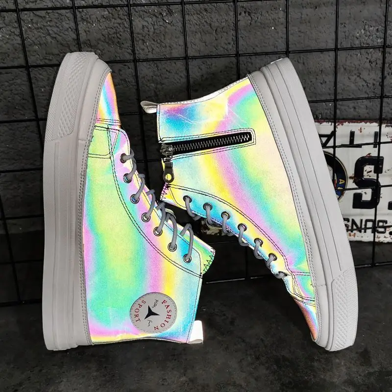 

2020 New Style Rainbow Reflective Flat Fashion Sneakers for men Casual Shoes Men, White/colorful