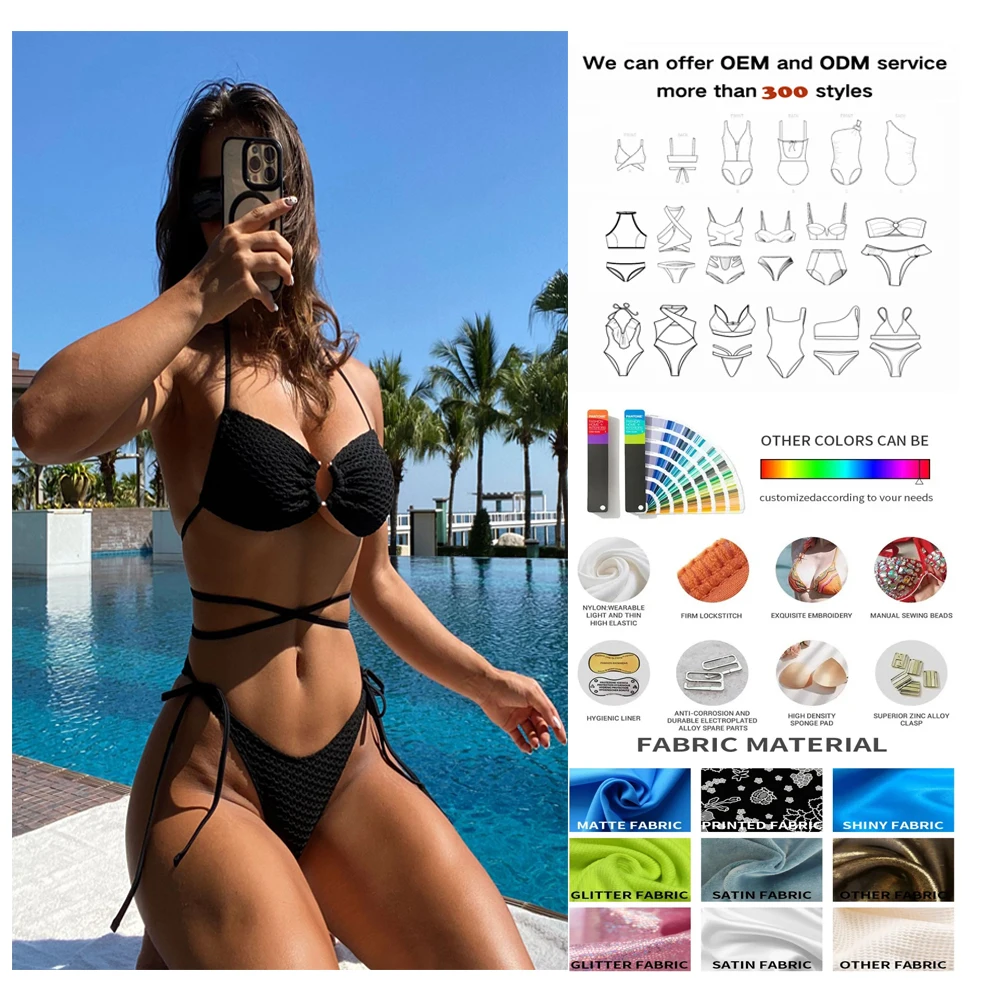Private Label OEM Custom Black Mesh Swimwear Bikini Manufacturer Micro Backless String Textured Swimsuits for Women 2025