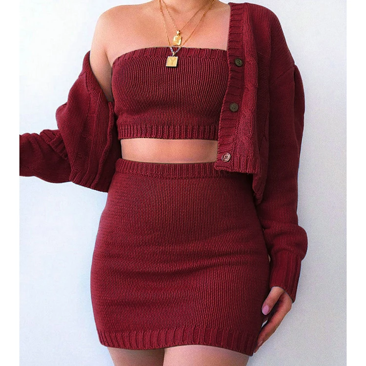 

Pure Color Strapless Knitted Coat Crop Top With Skirt 3 Piece Women Outfits Short Skirts And Tops Set Woman -PT, Black,wine red,blue