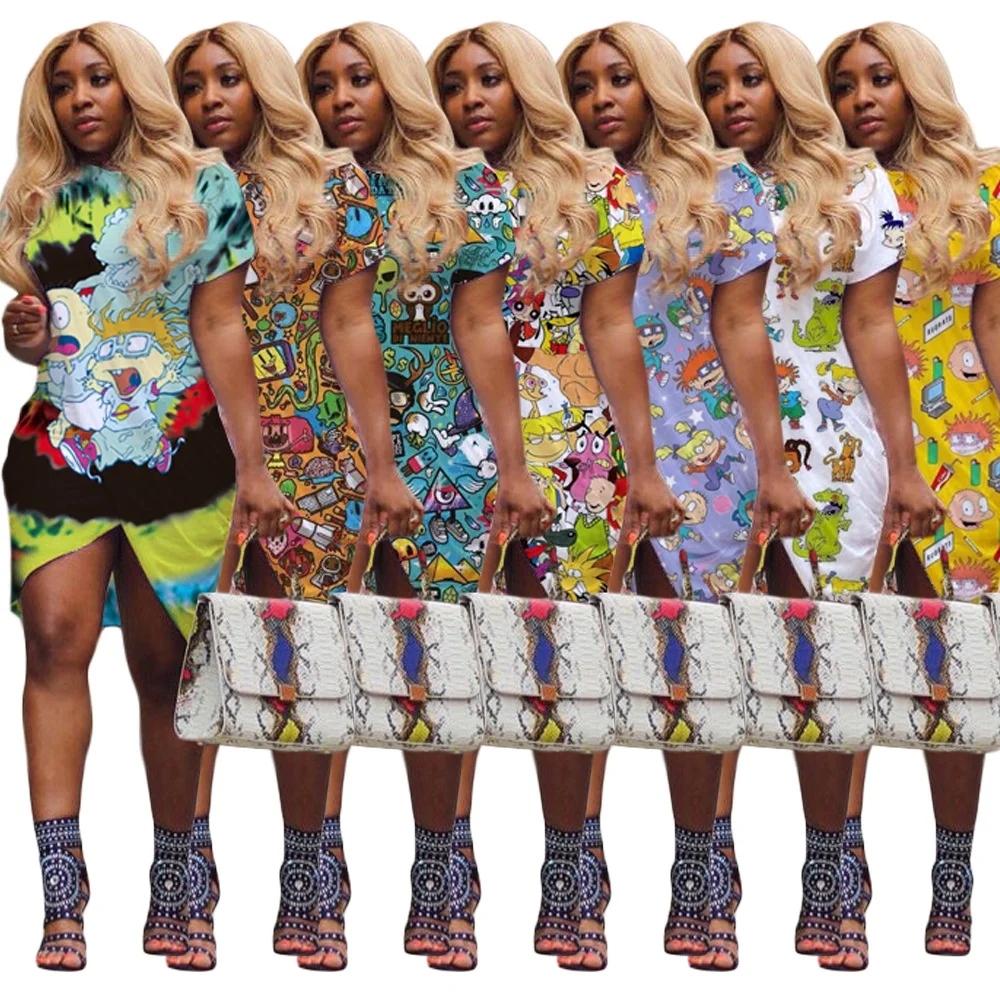 

Summer Women Cartoon Printing Short Sleeve Irregular Ladies T-shirt Skirt Casual Dress, Shown