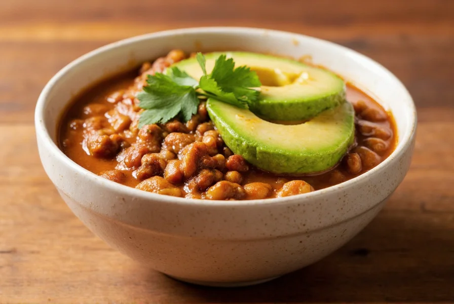 Finished bowl of creamy turkey chili no beans with avocado slices and cilantro garnish on wooden table