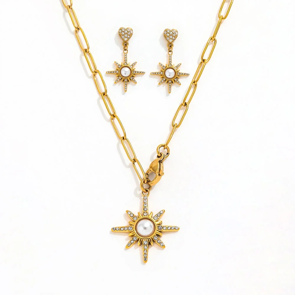 JOOLIM High End 18K Gold Plated Stainless Steel Paper Pin Starburst Zirconia Pave Pearl Pendant Necklace Bracelet Set