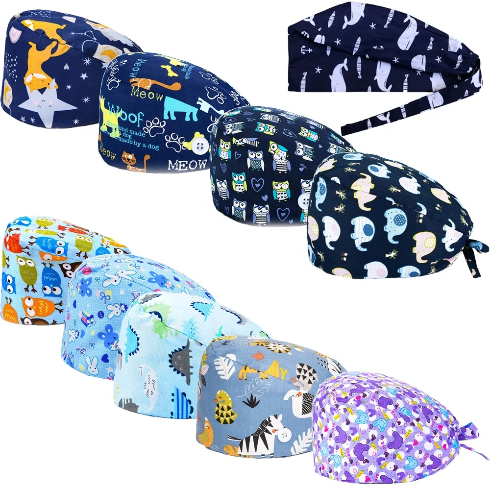 

Mix Styles Polyester Printing Medical Animal Elephant Owl Adjustable Hat With Button Tie Back Bonnet Nurse Accessories, At picture