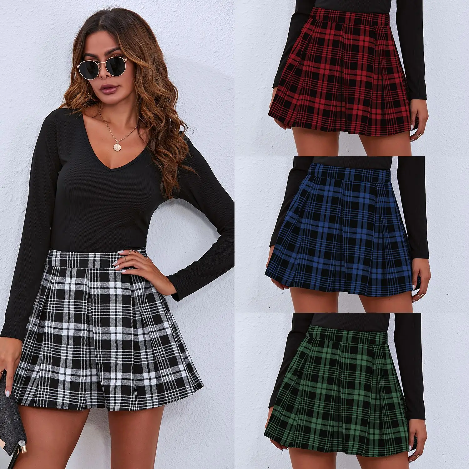 

Wholesale Ladies Casual Polyester Summer High Waist Short Women's Black Plaid Skirts, 4 colors