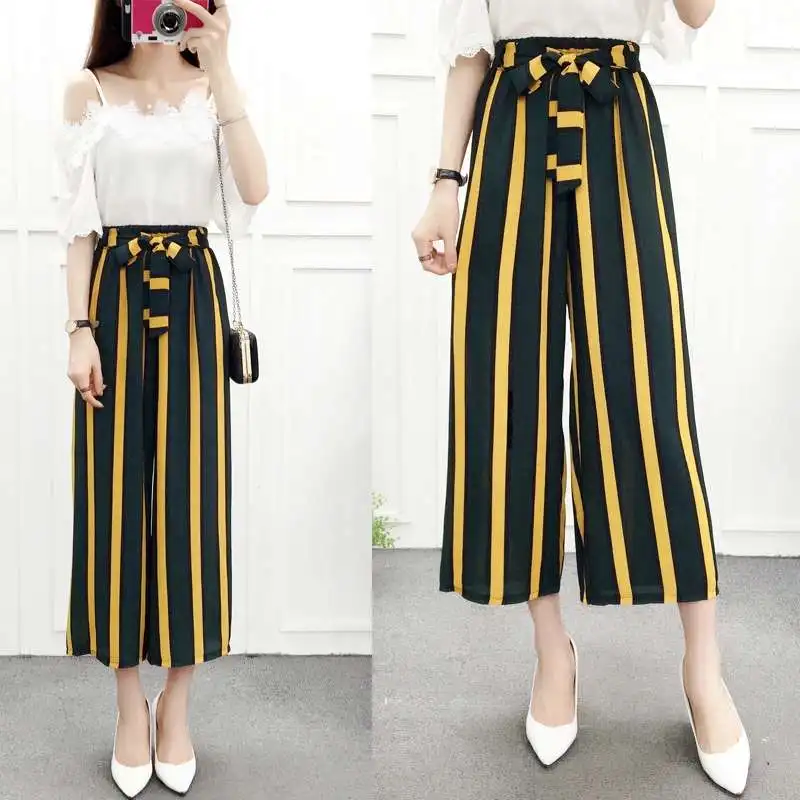 

2020 new styles summer loose stripes women casual leggings beauty wide leg pants