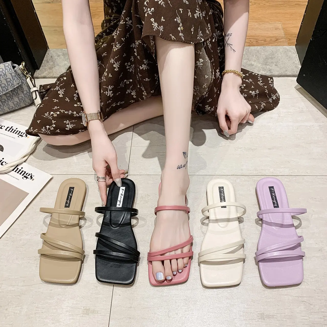 

Thin square toe sandals flat sandals B05, Purple,black,khaki,beige,pink