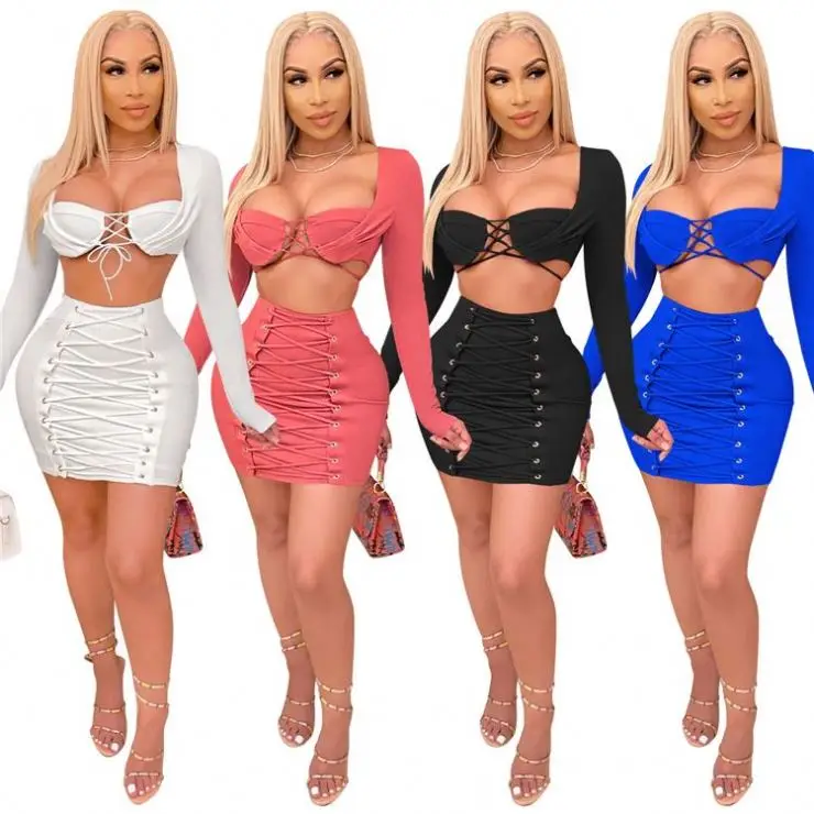 

2021 summer clothing for women long sleeve plus size crop top set mini skirt sets women skirt set 2 pieces, Picture color