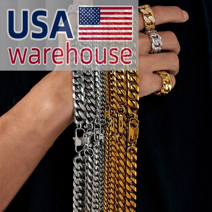 

USA Warehouse Gold Filled Plated Fashion Jewelry Hip Hop Men Women Non Tarnish Free Stainless Steel Cuban Link Chain Necklace