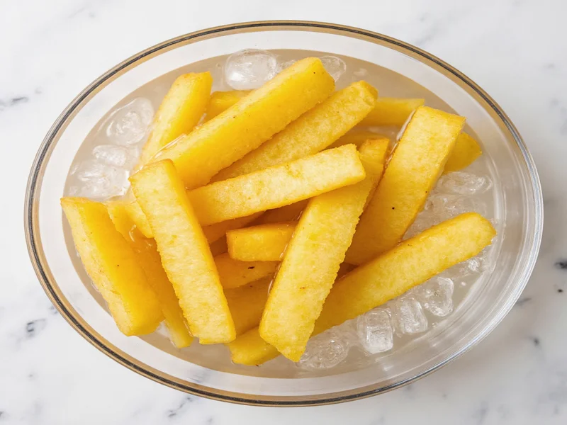 Potato sticks soaking in ice water bowl