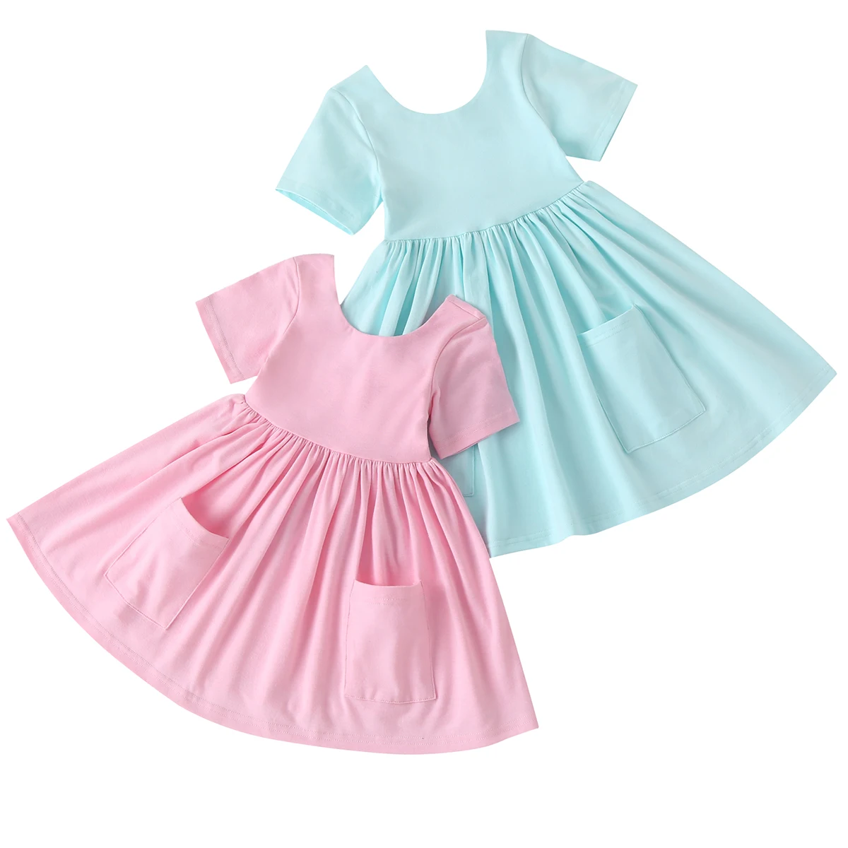 
Seamless Round Neck Front Pocket Girls Gender kids Girls Summer Twirl Dresses for Children 