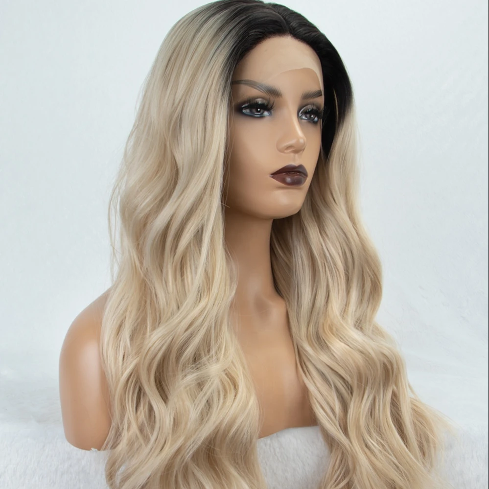 

Aliblisswig Natural Looking Free Parting Wigs Long Wavy Ombre Blonde Cheap Synthetic Lace Front Wigs For Women