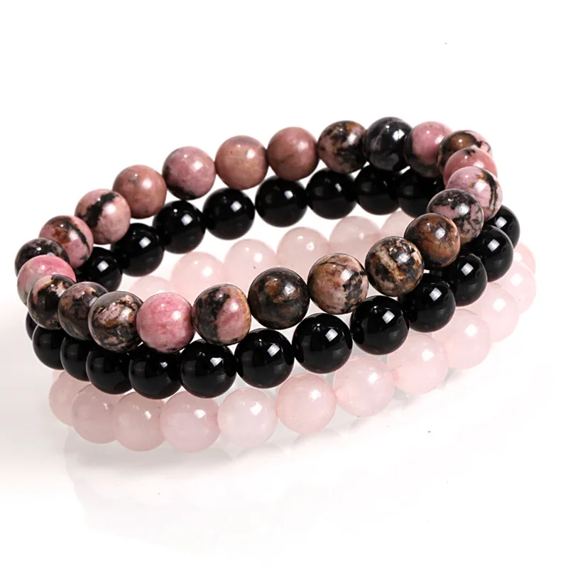 

Hot Sell  3pcs/set Natural Rose Quartz Rhondonite Beads Bracelet Jewelry for Women Natural Healing Stone Elastic Bracelet, Gray