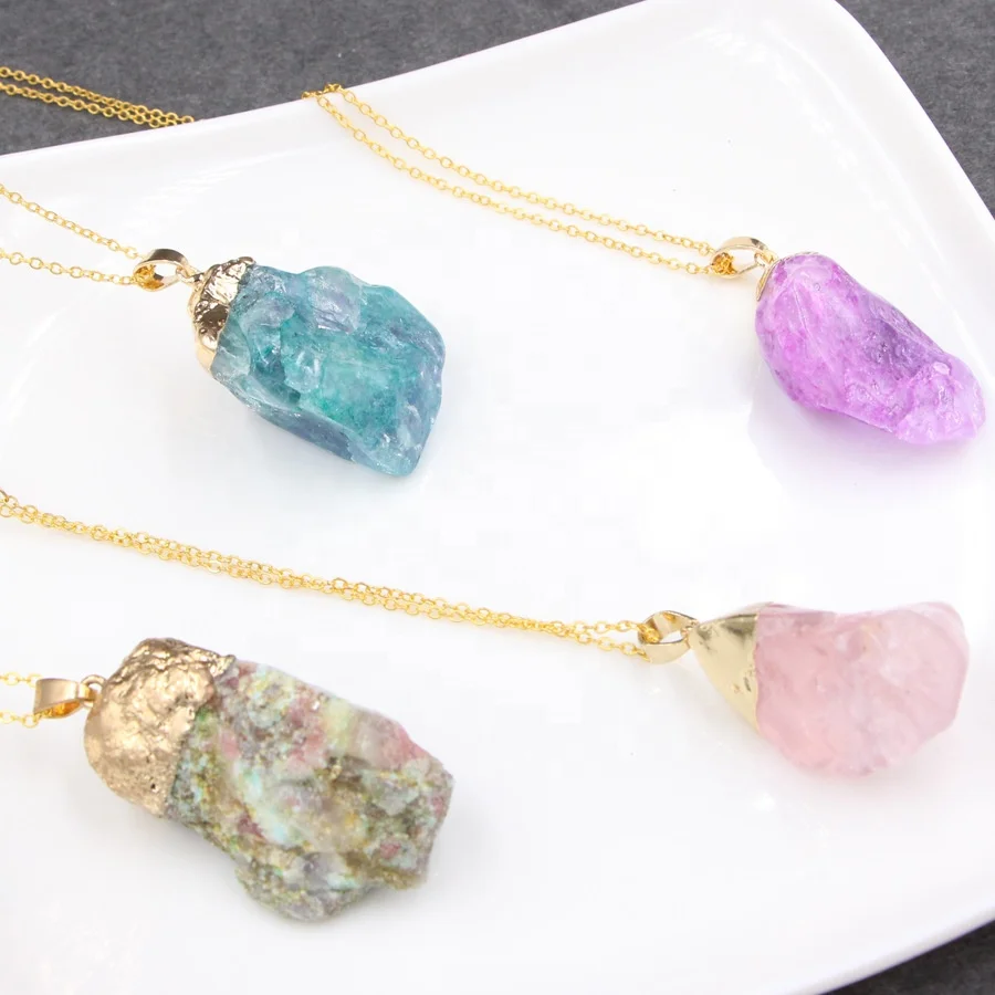 

Amazon Hot Selling Fashion Stone Jewelry Colorful Geometric Raw Natural Crystal Gem Pendant Necklaces