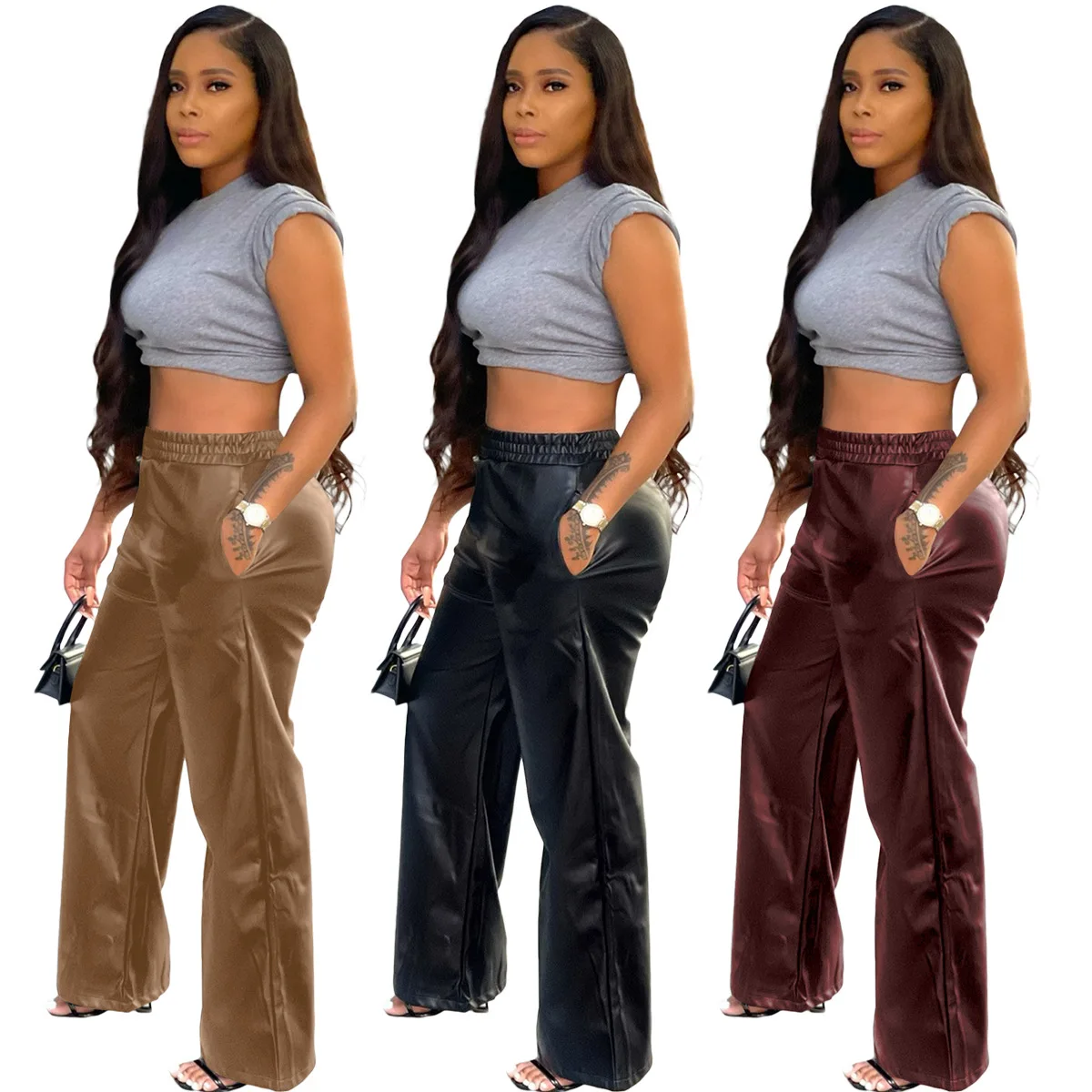 

2022 Spring Fall collection clothes faux leather womens pants and trousers
