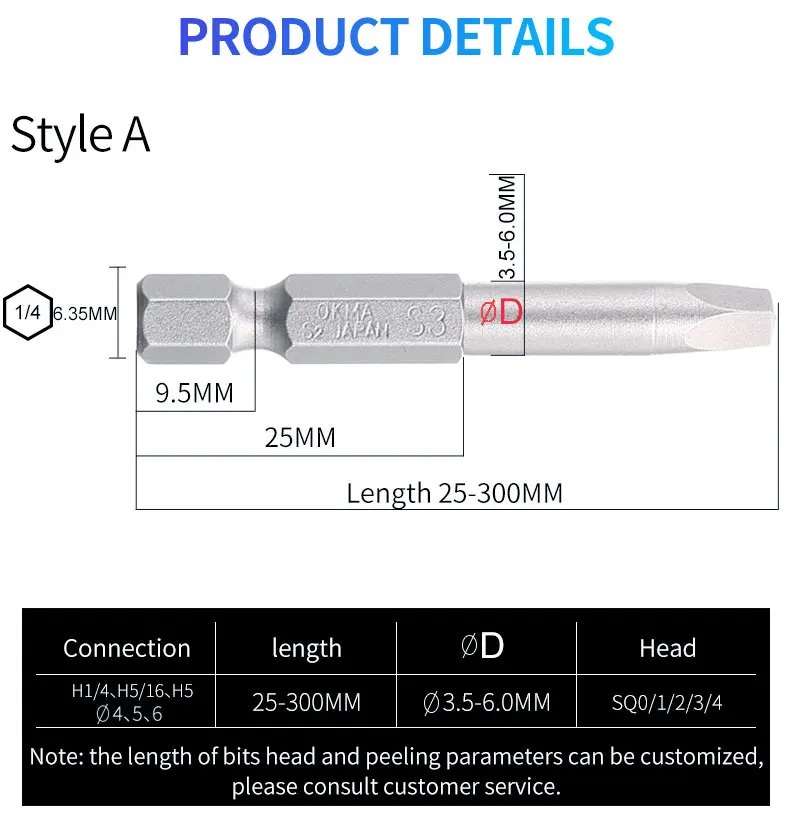 Industrial Square Drive Bit Sizes Sq1,Square Tip Screwdriver Bits 50 Mm