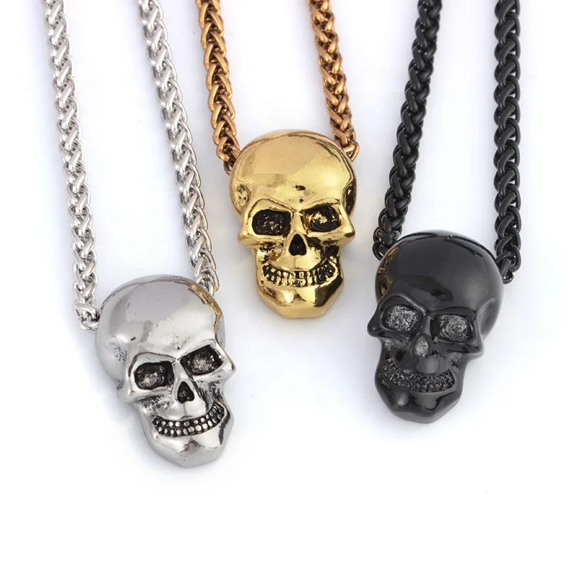 

2020 new arrival wholesale hiphop halloween gift gold plated skull design three colors necklace for street boy, As picture show