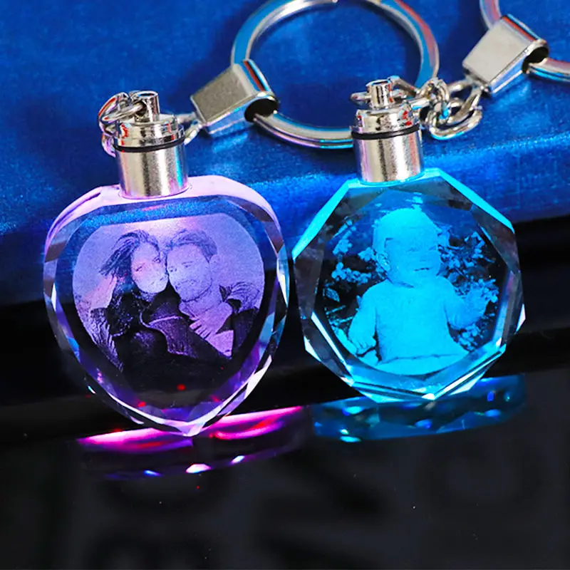 

HBL Custom Laser Engraved LED Light Keychain Unique Gift K9 Crystal Key Chain Personalized Photo Pendant Picture Key Ring