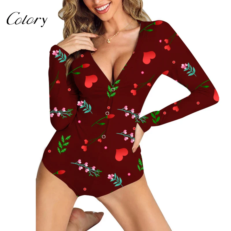 

Colory Floral Romper Onesie Sexy Long Sleeve Pajamas For Women, Picture shows