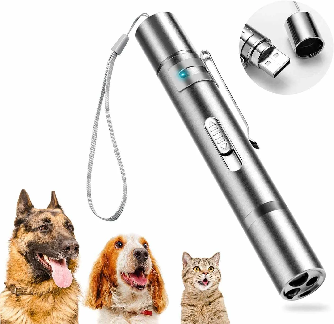 

Amazon Hot Selling Factory Price USB Rechargeable Led 3 in 1 Multi Function Funny Cat Laser Toy, Silver