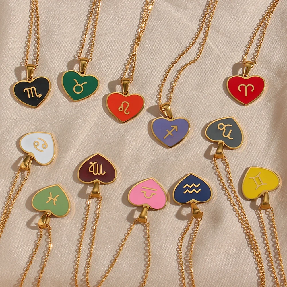 

Trendy Colorful Enamel Heart 12 Zodiac Signs Necklace Gold Plated Stainless Steel Pendant Necklace For Women