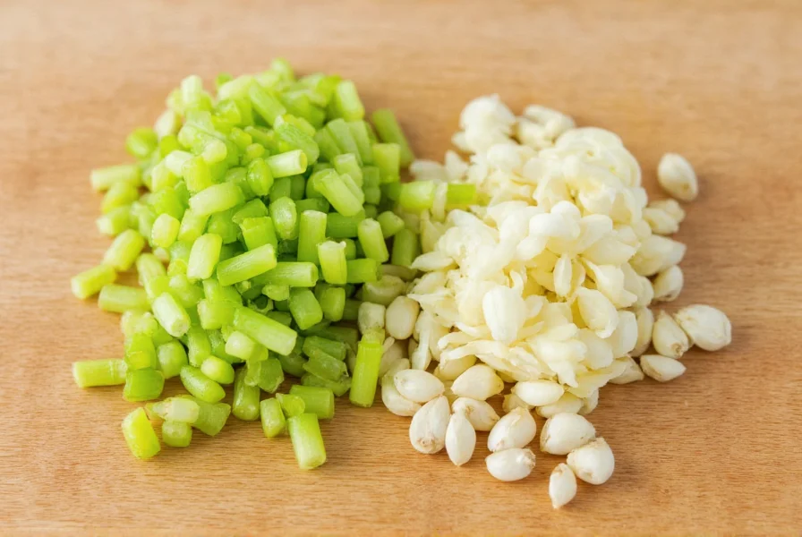 Close-up of celery and fennel seeds arranged side by side on cutting board