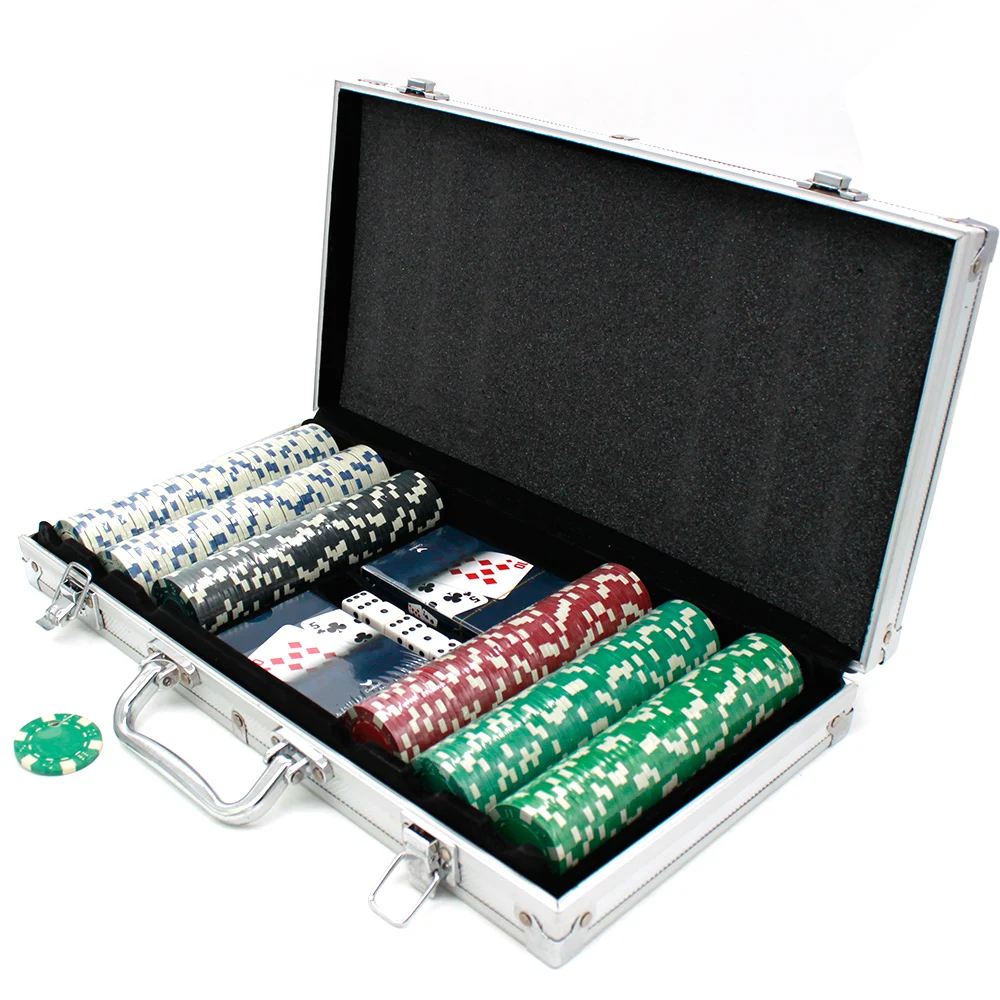 

Hot sale New Arrival 300 pieces casino poker chips 2 playing cards 5 dice case set, Customized color