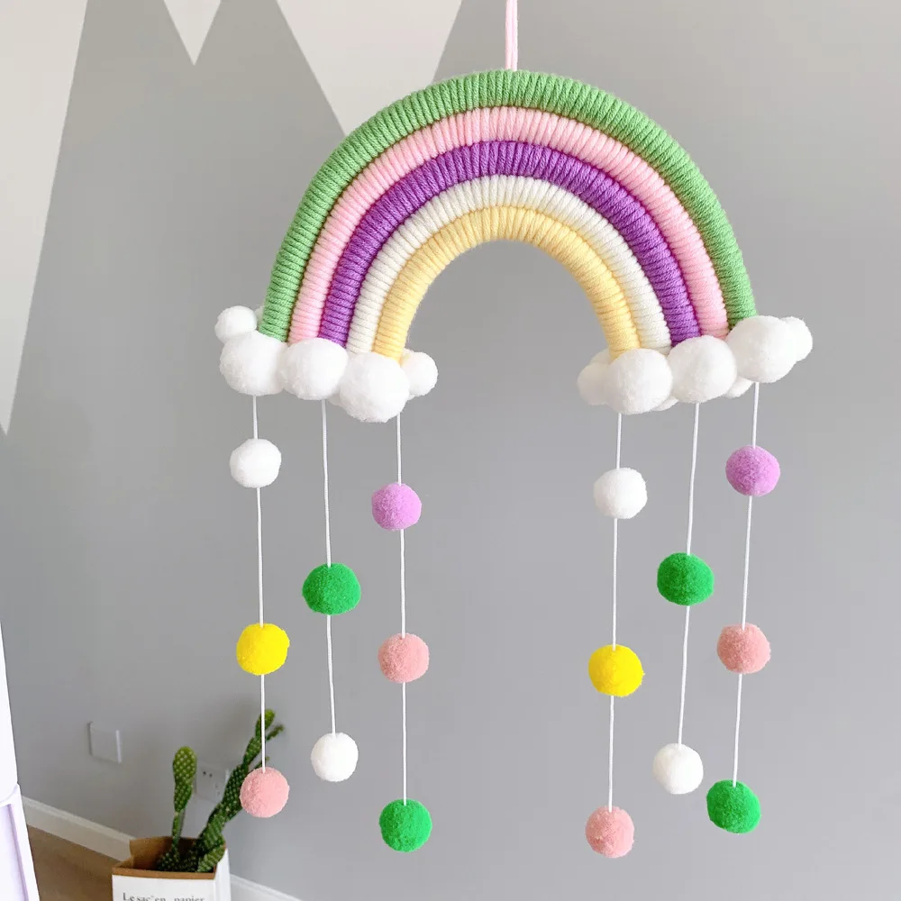 

Macrame Wall Hanging Decor Pom Pom Garland Colorful Ball Tassel for Kids Room Girls Bedroom Home Garden Decoration