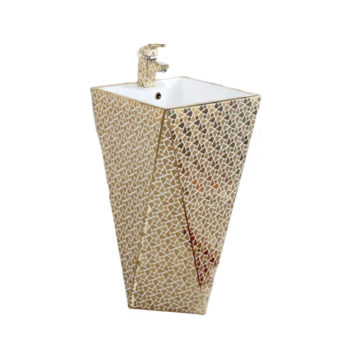 

Luxury bathroom sanitary standing sink ceramic plated diamond gold pedestal basin