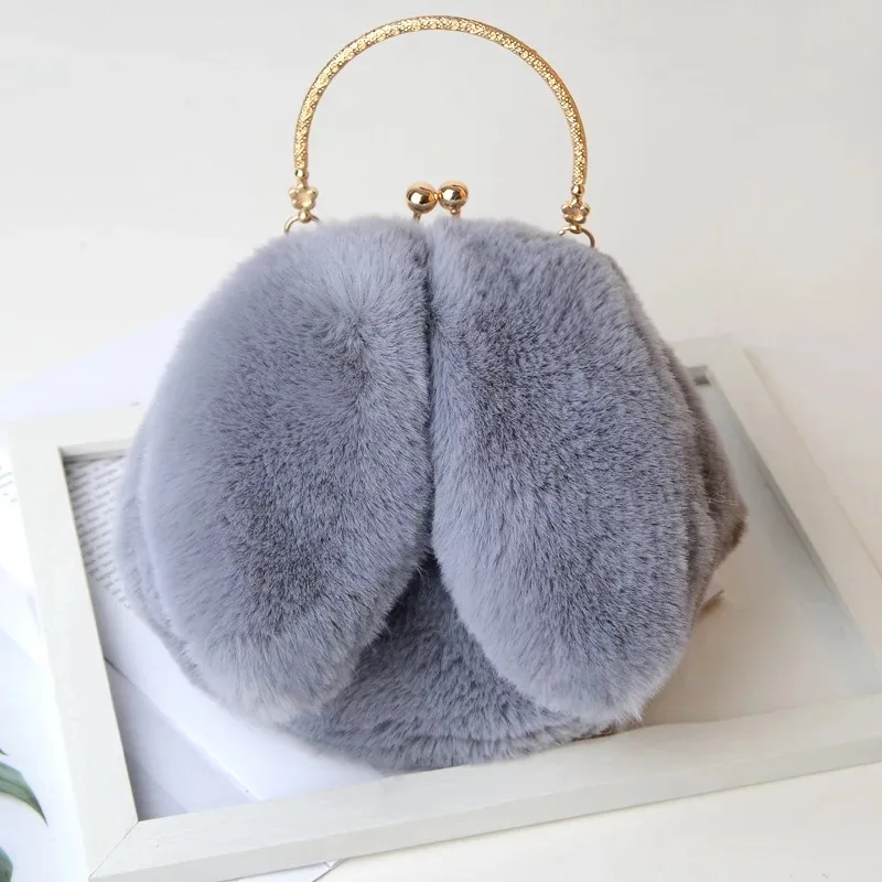 

Jtfur Fashion Winter Fake Plush Bunny Ear Bag Fur Round Shape Women Bag Handbag Soft Fur Purse Wallet for Girls, Customized color